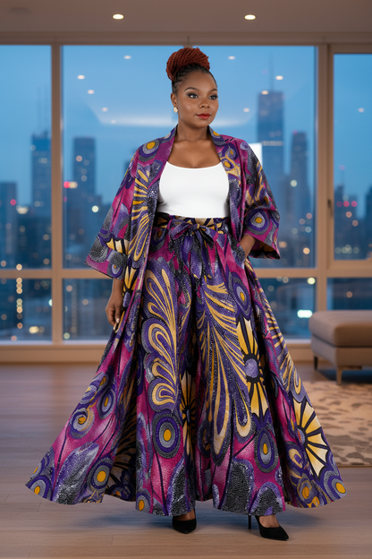 Woman wearing a vibrant, patterned outfit on a white background
