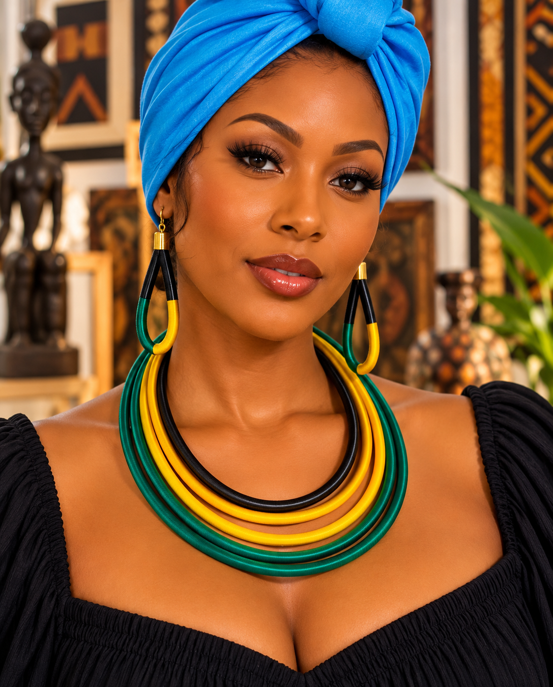 African Multicolor Layered Necklace & Earrings Jewelry Set – Yellow, Green & Black
