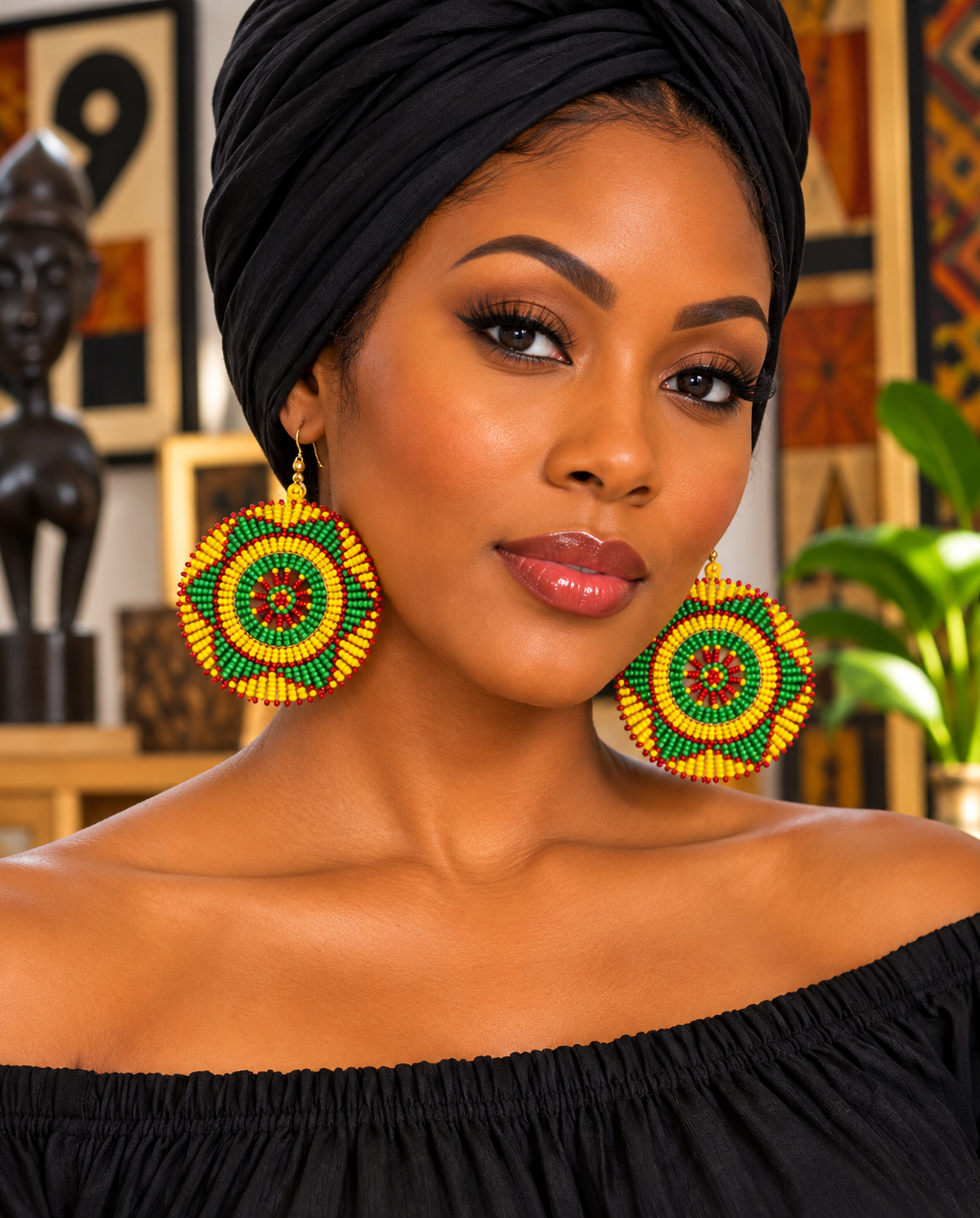 African Multicolor Round Beaded Statement Earrings – Red, Yellow & Green