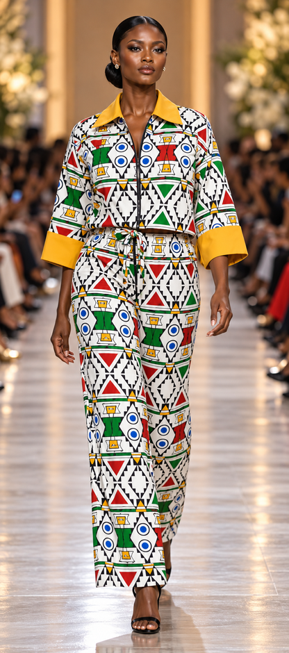 African Geometric Print Two-Piece Pants Set with Mustard Trim