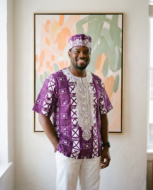 Men's African Print Dashiki Shirt – Rich Purple and White