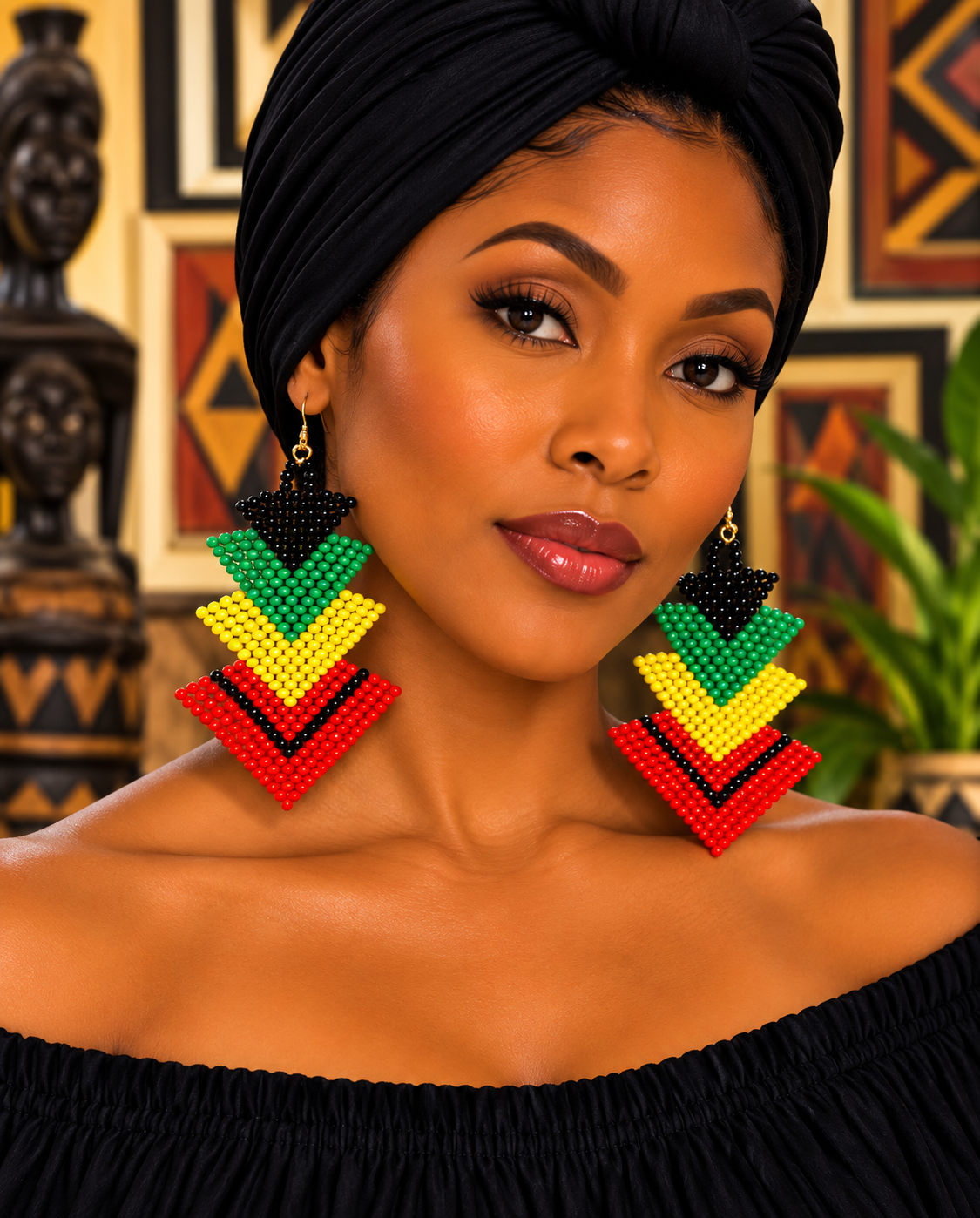 African Multicolor Chevron Beaded Statement Earrings – Red, Yellow, Green & Black