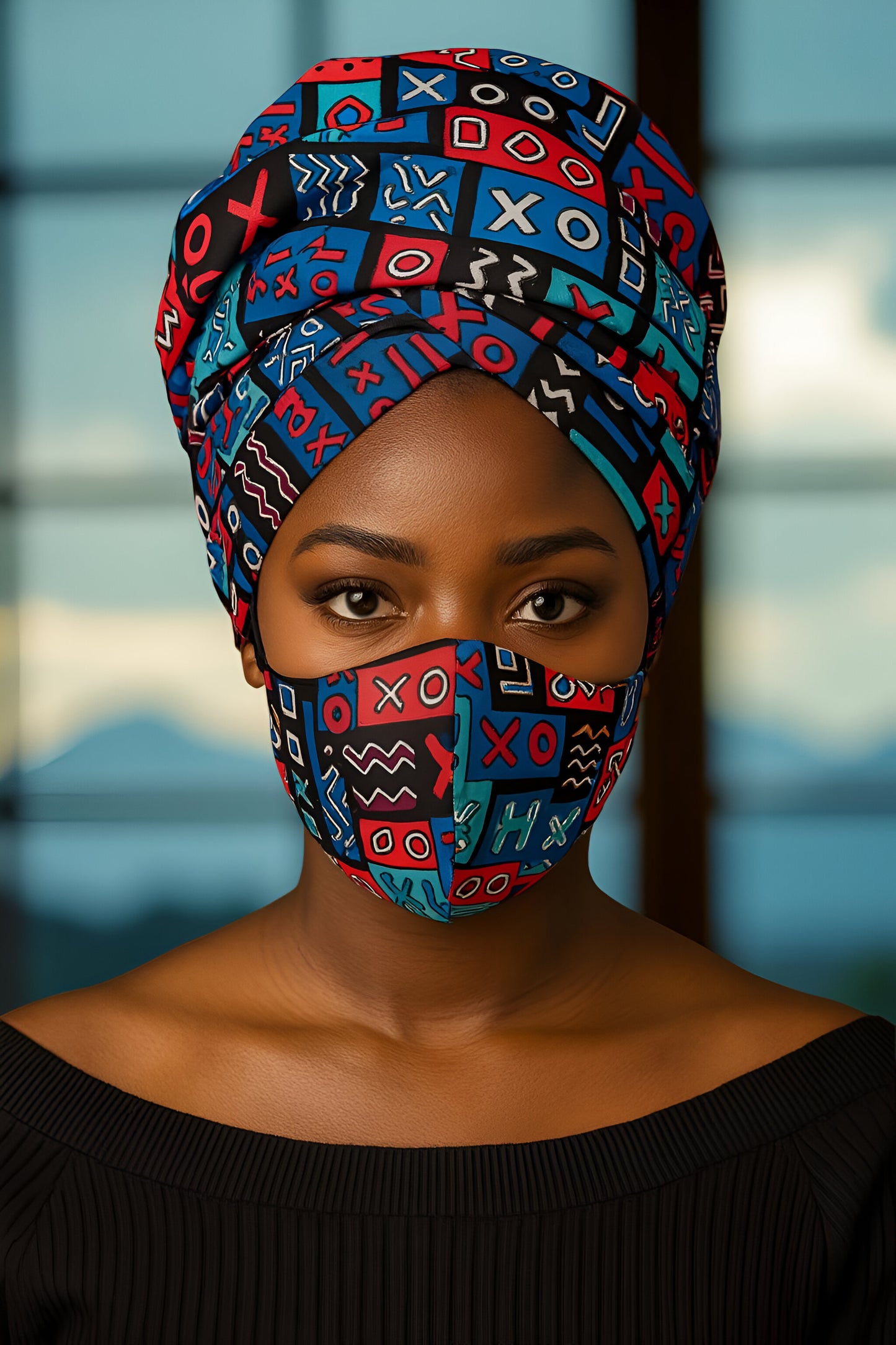 Blue Multi-Tribal Print Headwrap with Matching Face Mask
