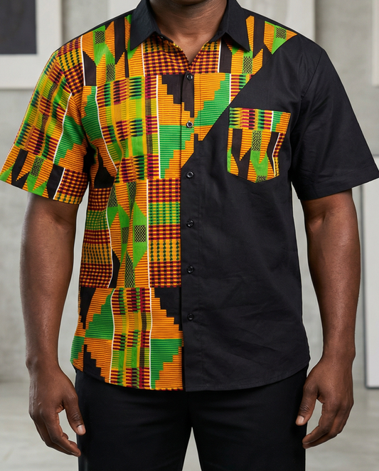 Men's African Kente Print Short Sleeve Shirt (XL)