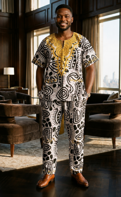 B/W African Print 3-Piece Dashiki Set with Matching Kufi Hat
