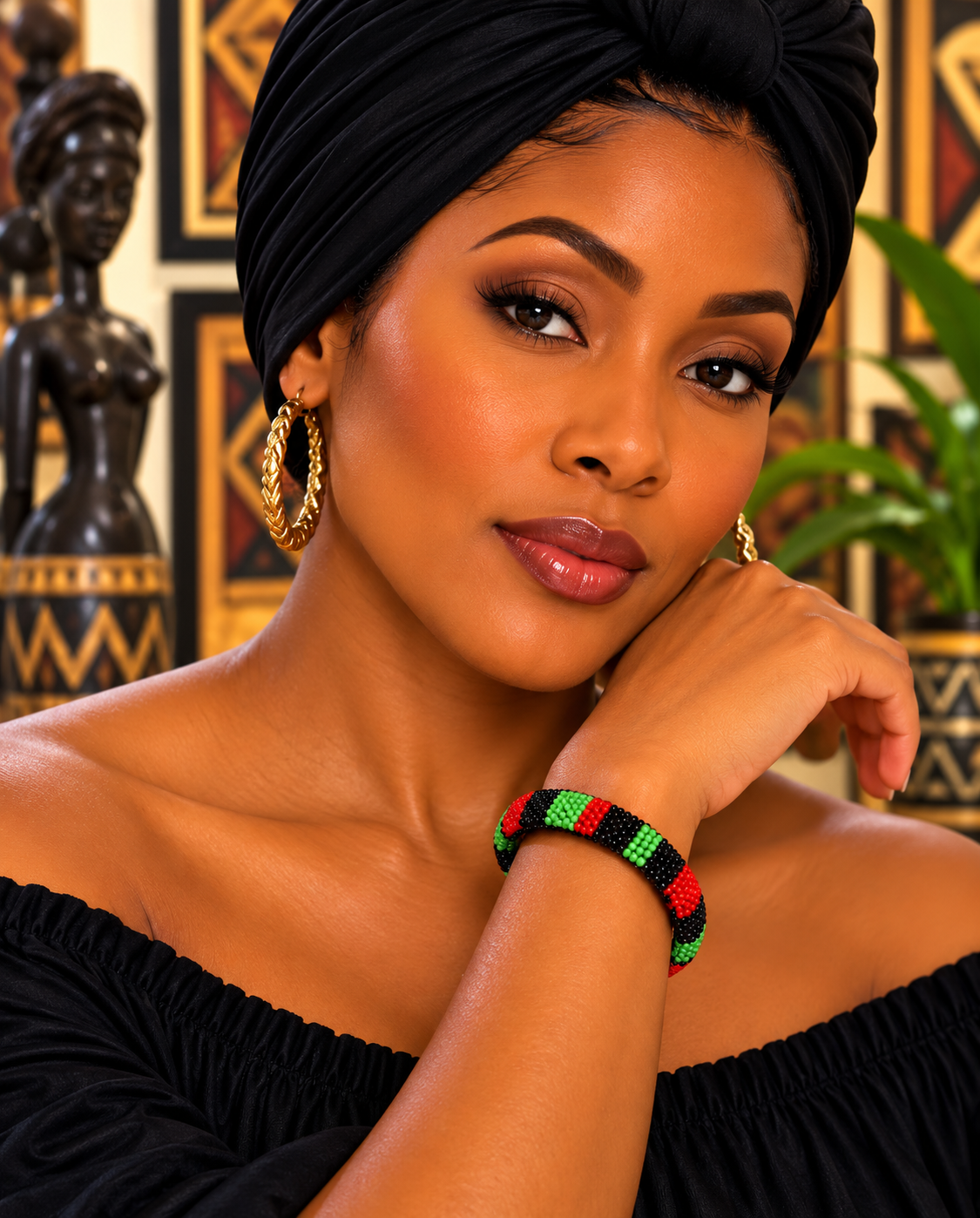 African Red, Green & Black Beaded Bracelet
