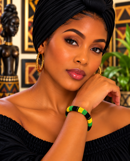 African Green, Yellow & Black Beaded Bracelet