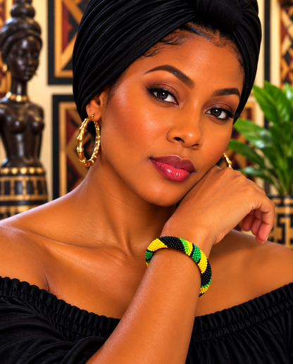 African Green, Yellow & Black Beaded Bracelet