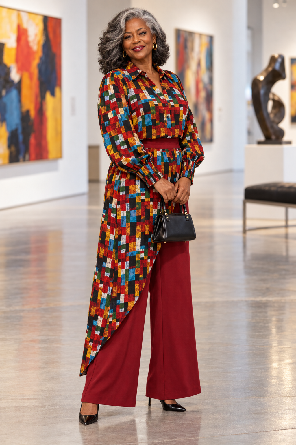 Multicolor Patchwork Print Wide-Leg Pants Set