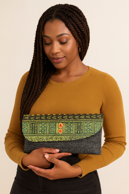 African Inspired Denim Dashiki Print Woven Small Clutch Purse