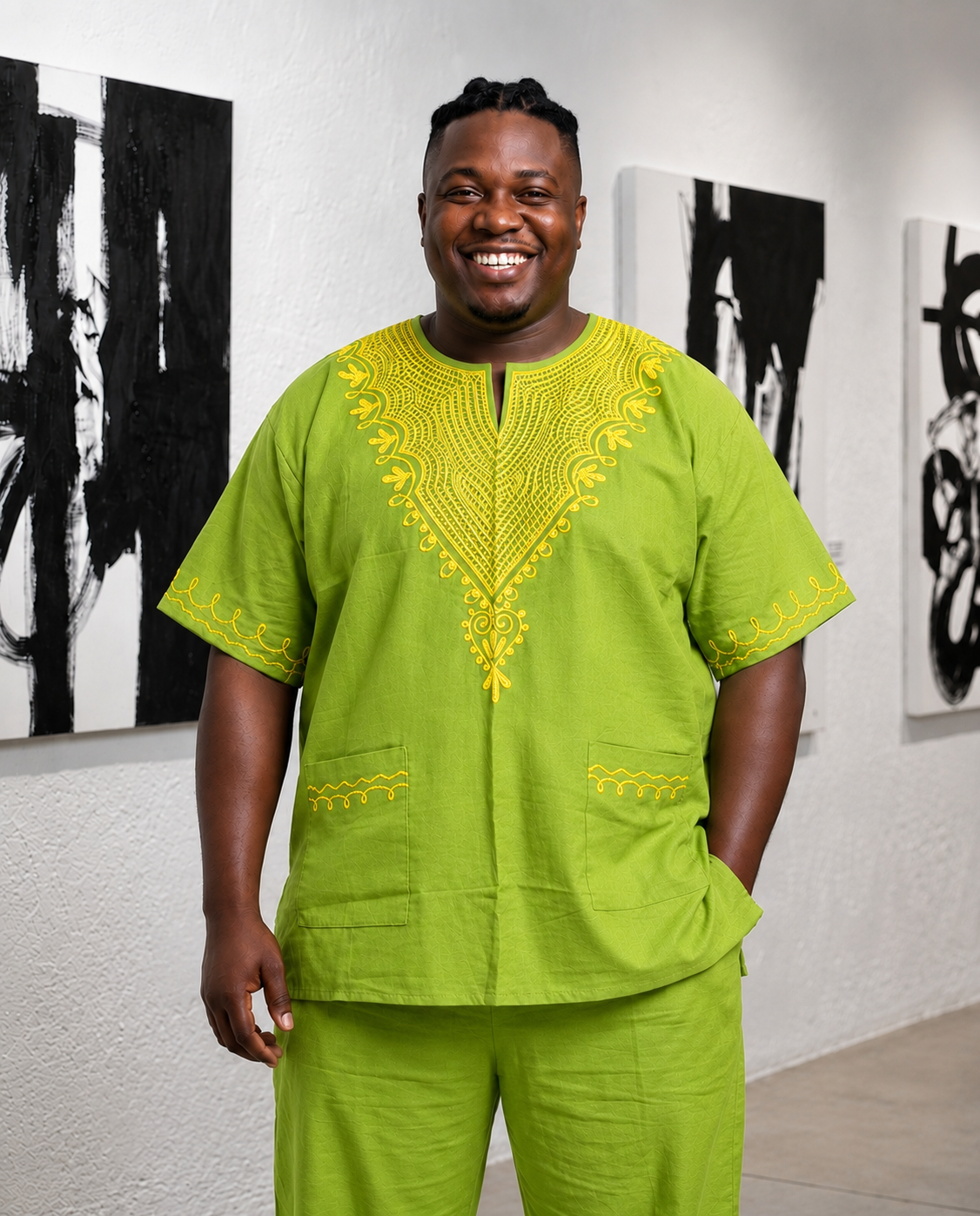 Lime Green African Dashiki Shirt with Matching Kufi Hat