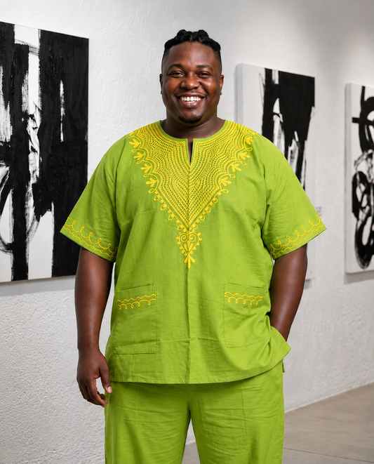 Lime Green African Dashiki Shirt with Matching Kufi Hat