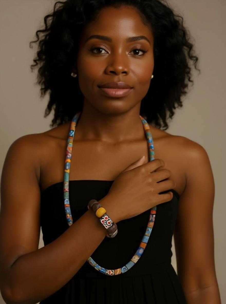 Heavy Handmade African Glass Beaded Necklace Bracelet Set Unisex