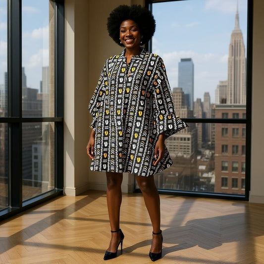 Authentic African Print Big Button Tunic Dress