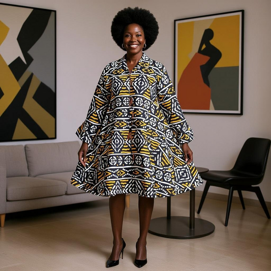 Authentic African Black/Yellow Print Big Button Tunic Dress