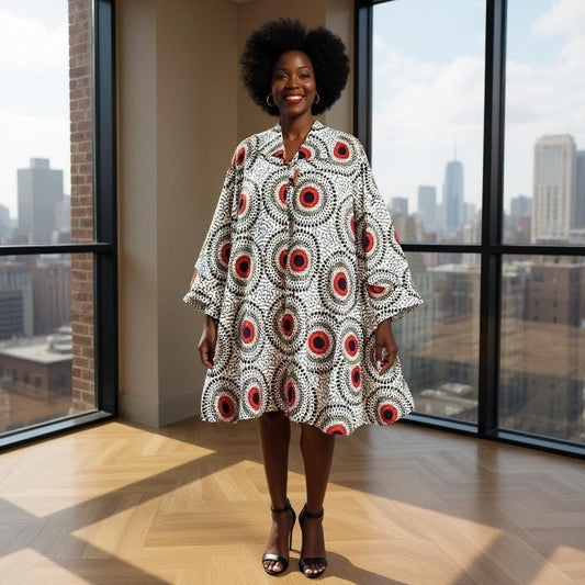 Authentic African Patch Print Big Button Short Tunic Dress