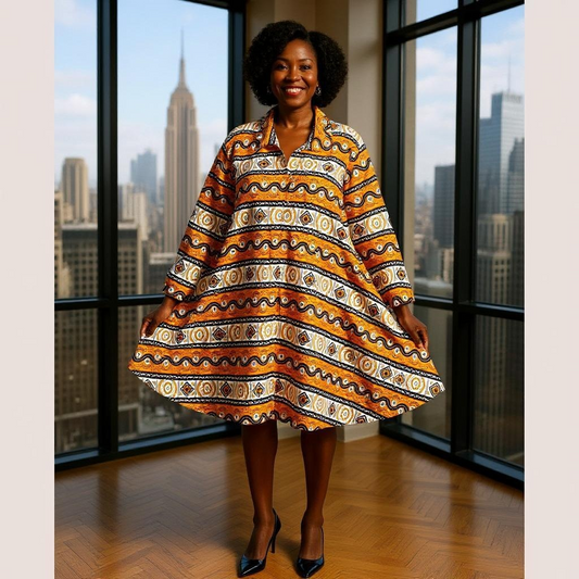 Authentic African Yellow/White/Black Print Big Button Tunic Dress