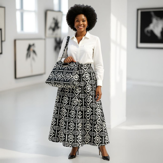 Women's African Black/Cream Print Skirt and Bag Set