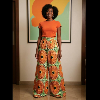 African Print Palazzo Pants & Bag Set (Orange Disc Print)