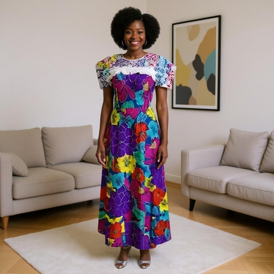 Africa-Made Hand Tailored Multi Floral Lace Print Dress (Size 14)
