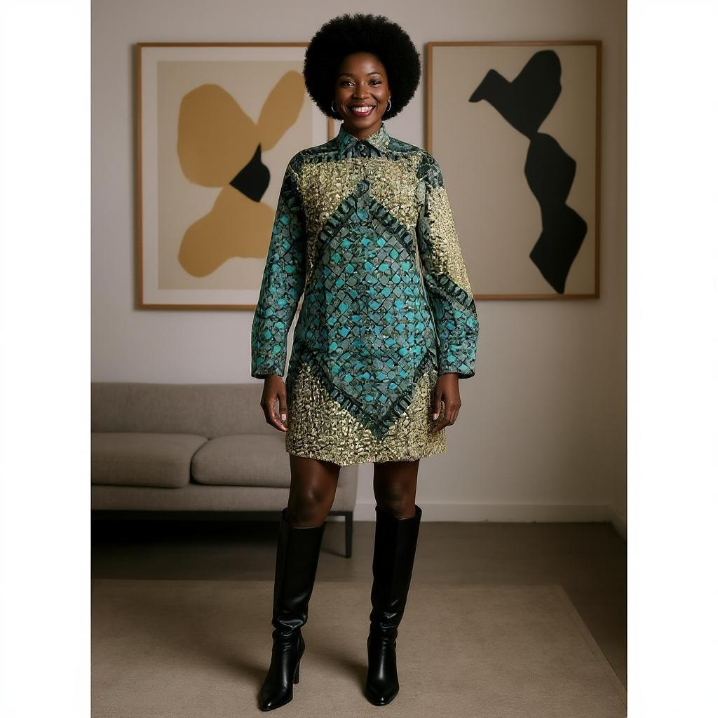 Teal/Brown/Navy African Print Button Down Dress (M)