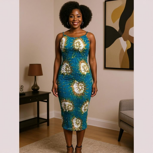 African Print Stretchy Ankara (Green Sun) Print Dress