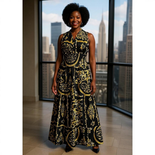 Authentic African Wax Print Three Button Long Dress (Black/Gold)