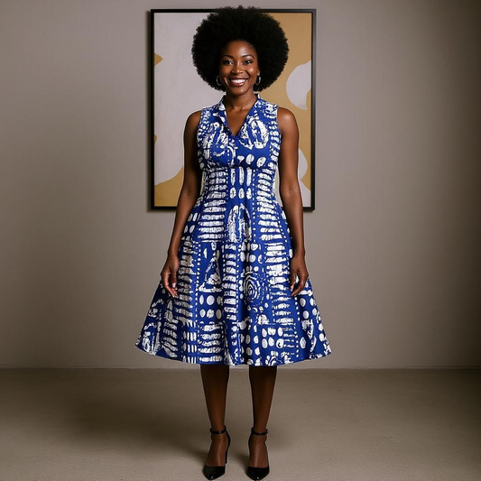 Authentic African Blue Base Tribal Print Midi Dress