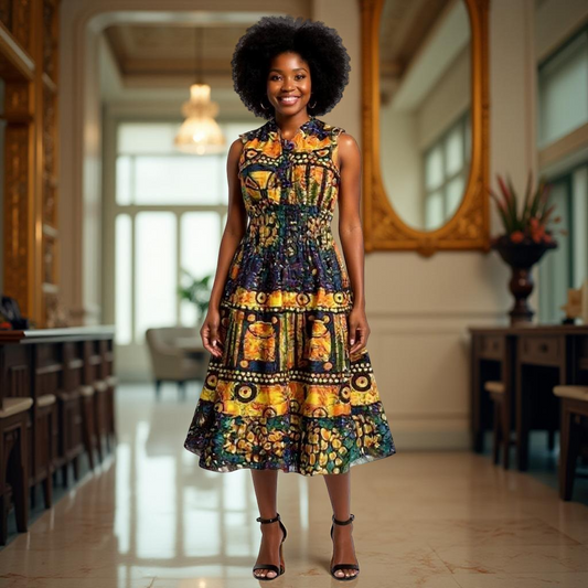 Authentic African Print Multi-Color Midi Dress
