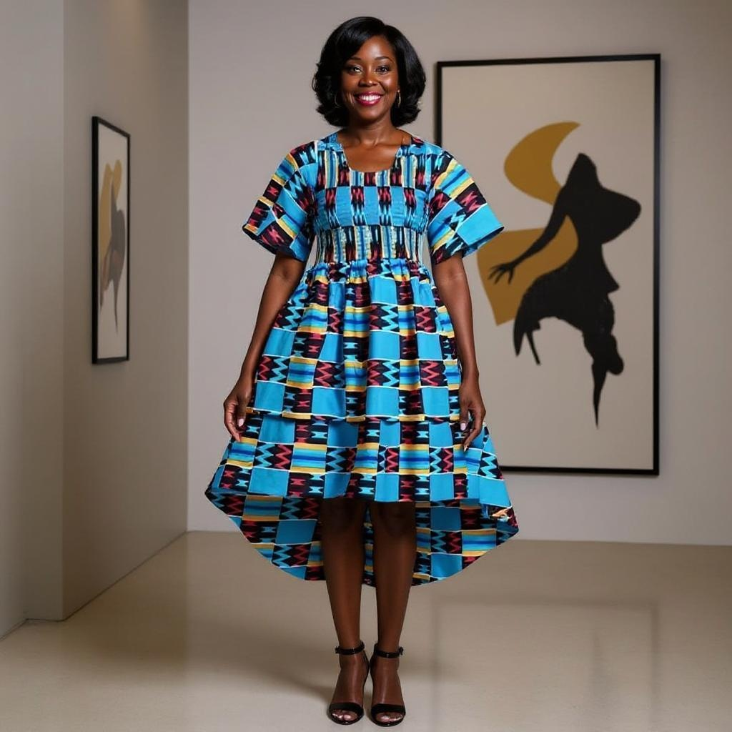 Tiered Turquoise Kente African Print Dress