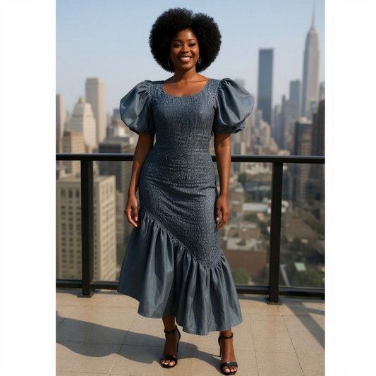 Black Denim Smocked Puff Sleeve Gown