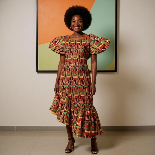 African Kente Style1 Print Smocked Puff Sleeve Gown