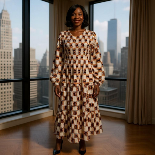 African Gye Nyame Print Long Maxi Smoked Tier Dress