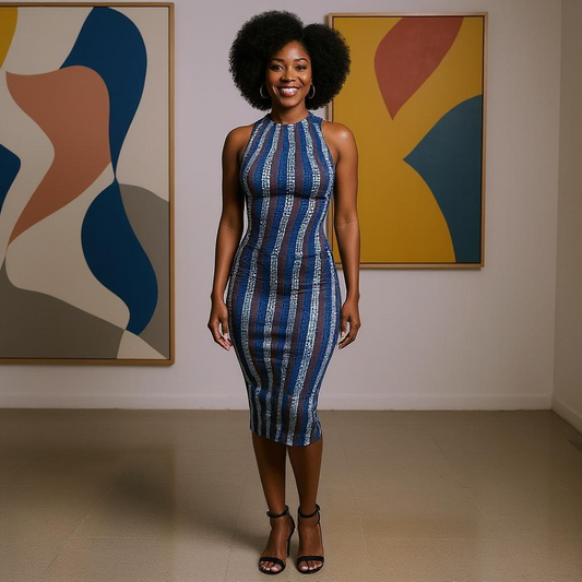 African Print Stretchy Ankara Multi-Blue Stripe Print Dress