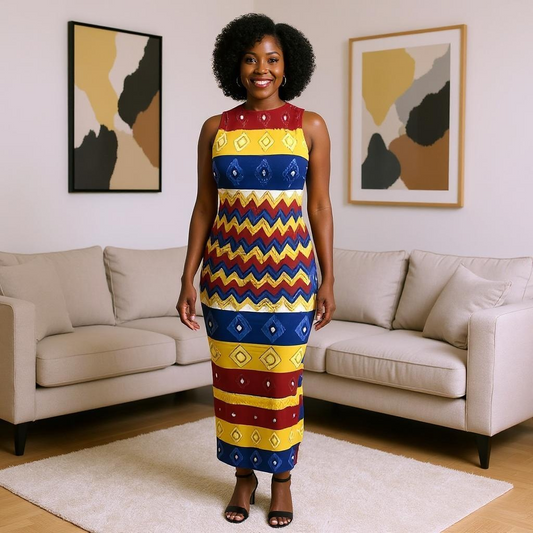 African Print Stretchy Ankara (Multi-Color) Stripe Dress