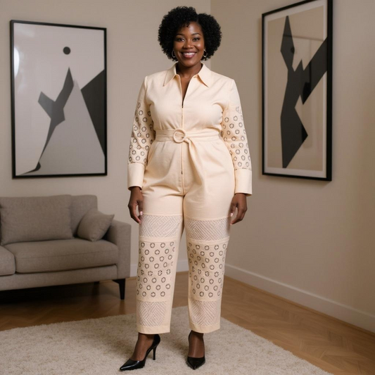 Beige Plus Size Floral Cut Out Jumpsuit