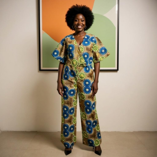 Olive/Lime/Blue Short Sleeve Wrap Jumpsuit (2XL)