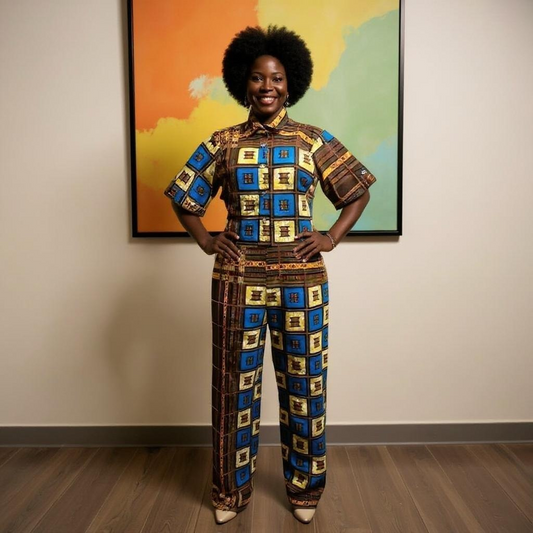 Brown/Orange/Blue Short Sleeve Front Button Jumpsuit (XL)