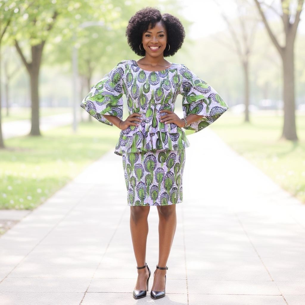 African Double Layer Green Blended Top & Pencil Skirt Set