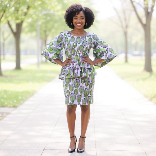 African Double Layer Green Blended Top & Pencil Skirt Set