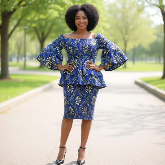 African Double Layer Blue/Yellow Print Top & Pencil Skirt Set