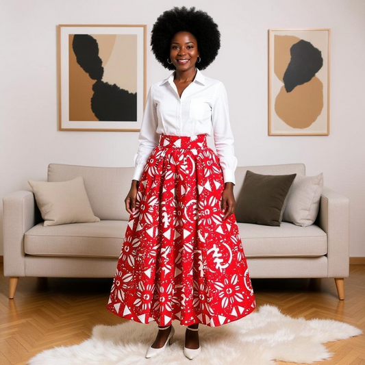 Authentic African Ankara Wax Print Skirt (Red/White)
