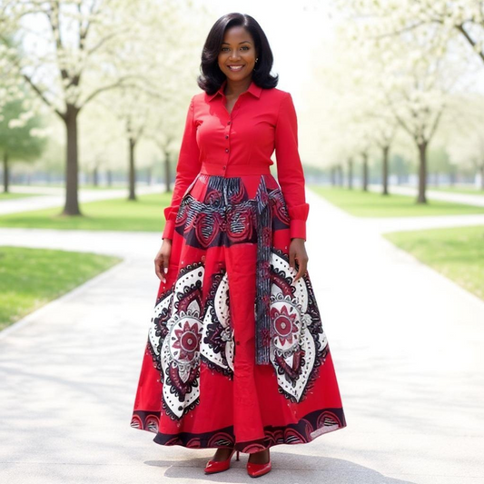 African Print Red/White Maxi Skirt
