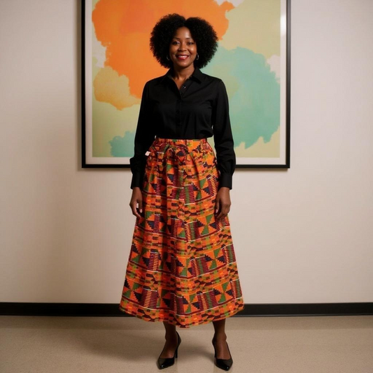 African Orange Kente Printed Midi Skirt
