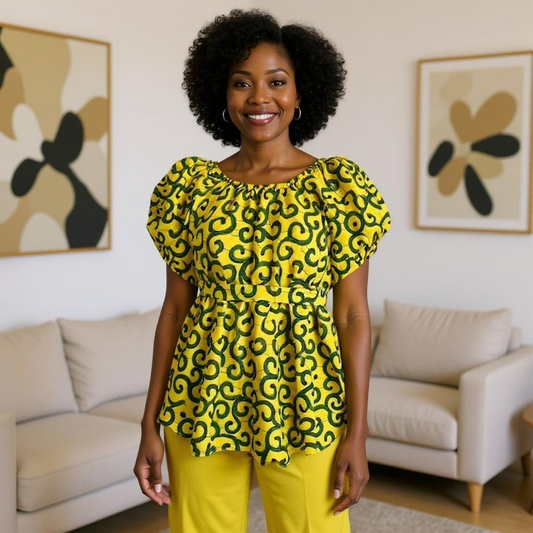 Women's African Print Frill Top Blouse with Belt
