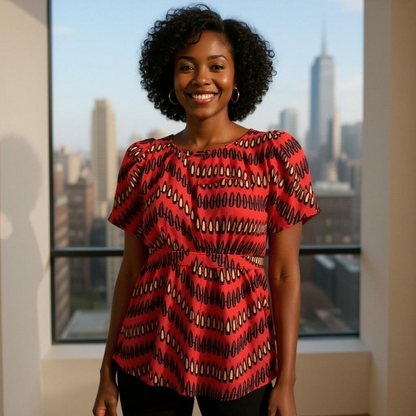 Women's African Print Frill Top Blouse with Belt