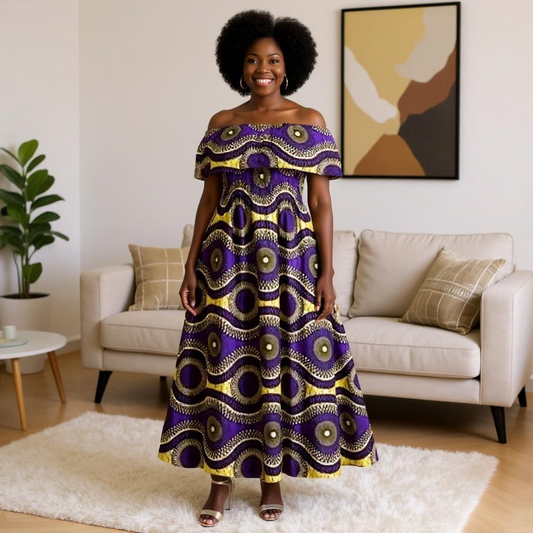 Women's African Print Off Shoulder Maxi Dress