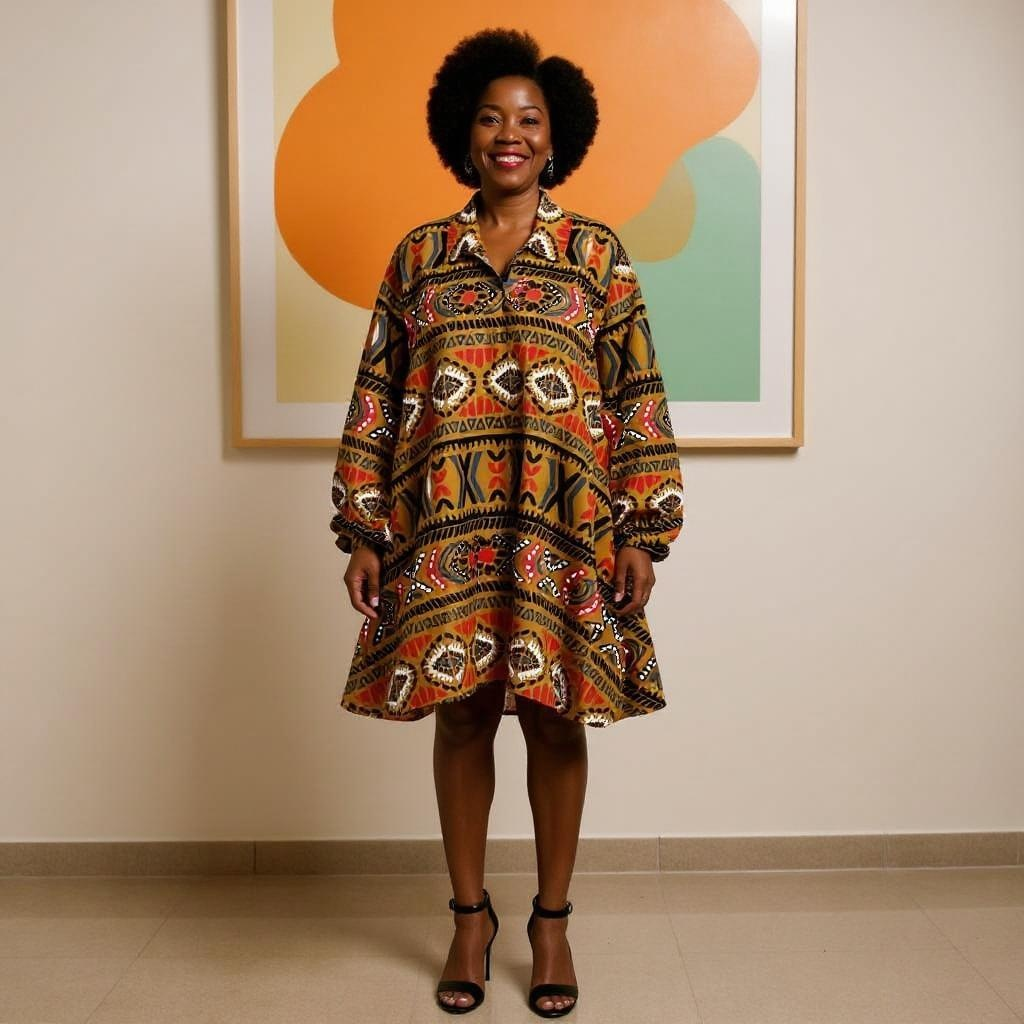 Authentic African Bronze Print Big Button Tunic Dress