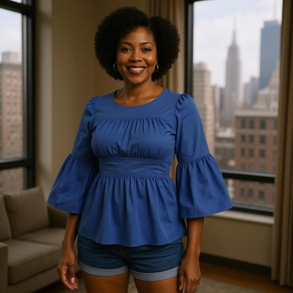 Solid Color Peplum Sleeve Ankara Blouse