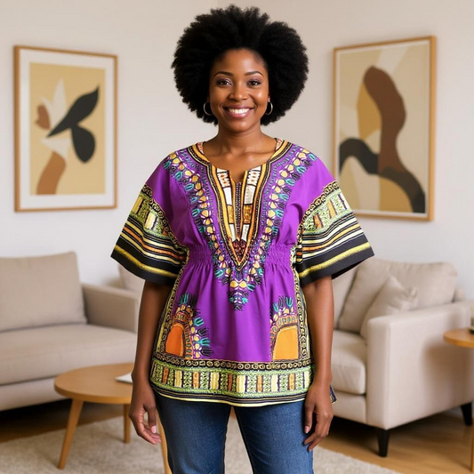 Women African Dashiki Shirt Dress w/ Elastic Waist Band (Free Size)